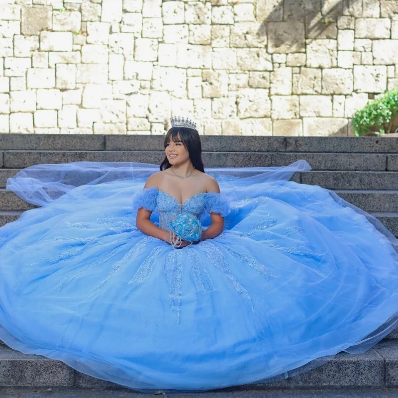 Simple Blue Quinceanera Dress off-shoulder Glitter Decal Long tail Bow vestidos de 15 Quinceanera Customize
Simple Blue Quinceanera Dress off-shoulder Glitter Decal Long tail Bow vestidos de 15 Quinceanera Customize