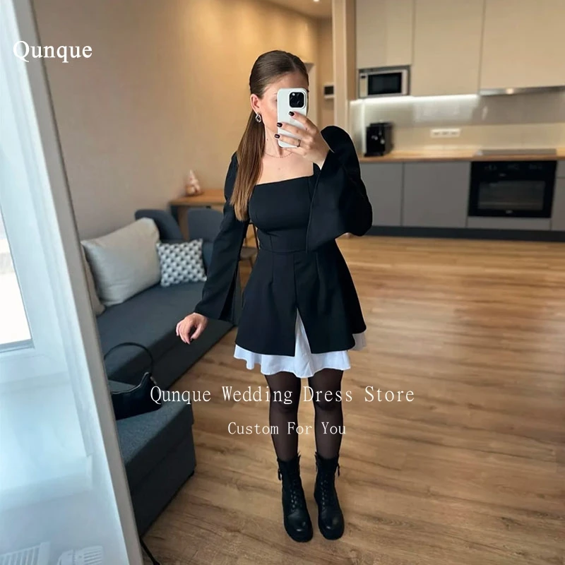 Qunque Modern Long Sleeves Prom Dresses Short A Line Black Satin Fashion Long Sleeevs Vestidos De Coquetel Party Gown Customized
Qunque Modern Long Sleeves Prom Dresses Short A Line Black Satin Fashion Long Sleeevs Vestidos De Coquetel Party Gown Customized