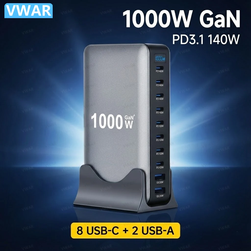 Многофункциональное зарядное устройство GaN 1000 Вт с 10 портами USB-C PD3.1 для быстрой зарядки iPhone 17, 16, Samsung S24, Xiaomi, ноутбуков
Многофункциональное зарядное устройство GaN 1000 Вт с 10 портами USB-C PD3.1 для быстрой зарядки iPhone 17, 16, Samsung S24, Xiaomi, ноутбуков