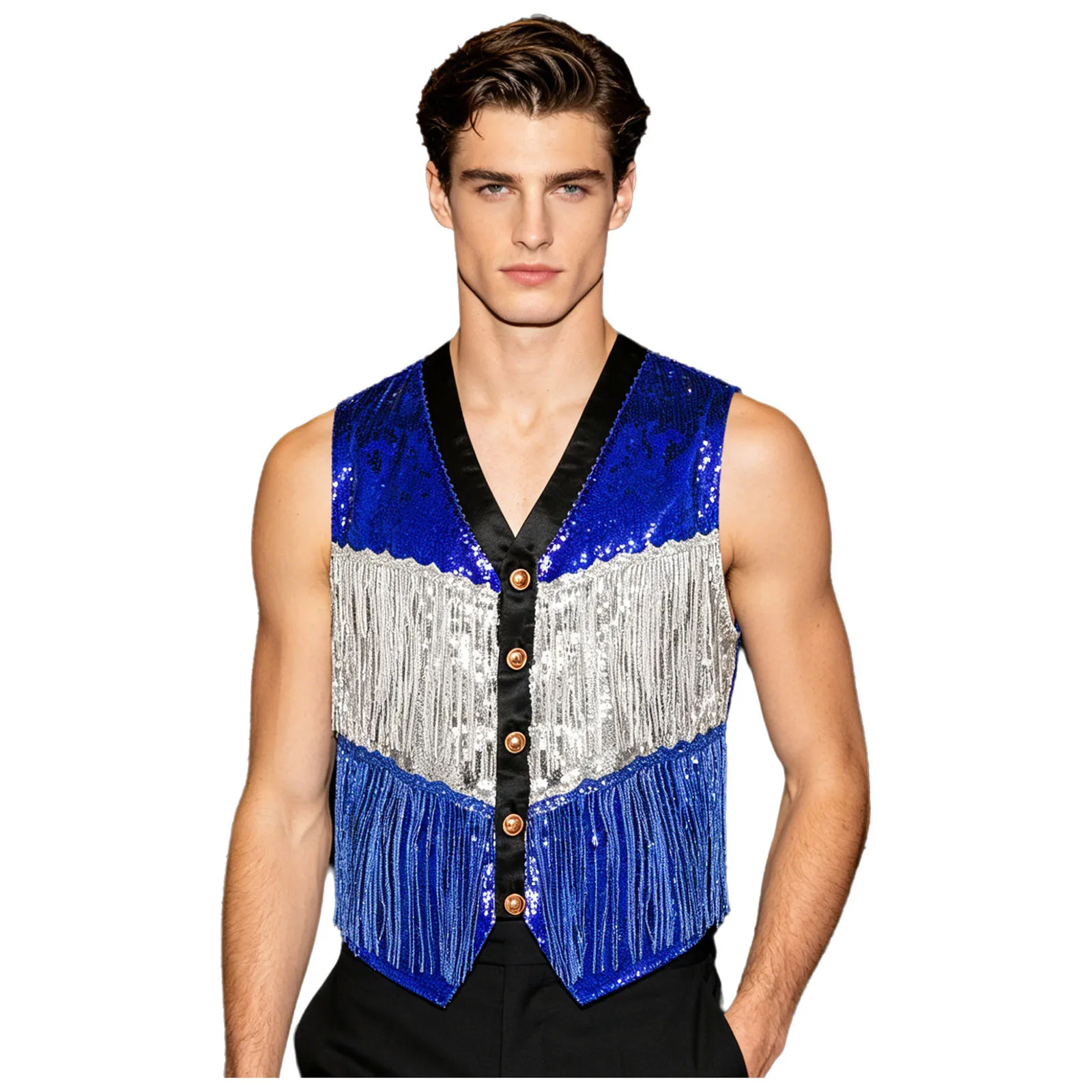 Men Glitter Fringed Vest Sequin Tiered Tassel V Sleeveless Irregular Waistcoat Tank Top for Disco Jazz Dance Stage Performance
Men Glitter Fringed Vest Sequin Tiered Tassel V Sleeveless Irregular Waistcoat Tank Top for Disco Jazz Dance Stage Performance