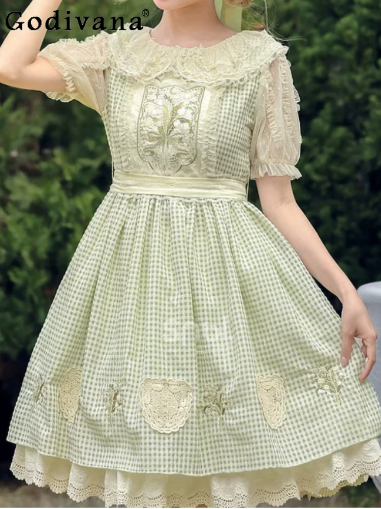 Lolita Heavy Industry Women Sweet Embroidery Dress Summer High Waist A-line Age Reduction Peter Pan Collar Short Sleeve Dresses
Lolita Heavy Industry Women Sweet Embroidery Dress Summer High Waist A-line Age Reduction Peter Pan Collar Short Sleeve Dresses