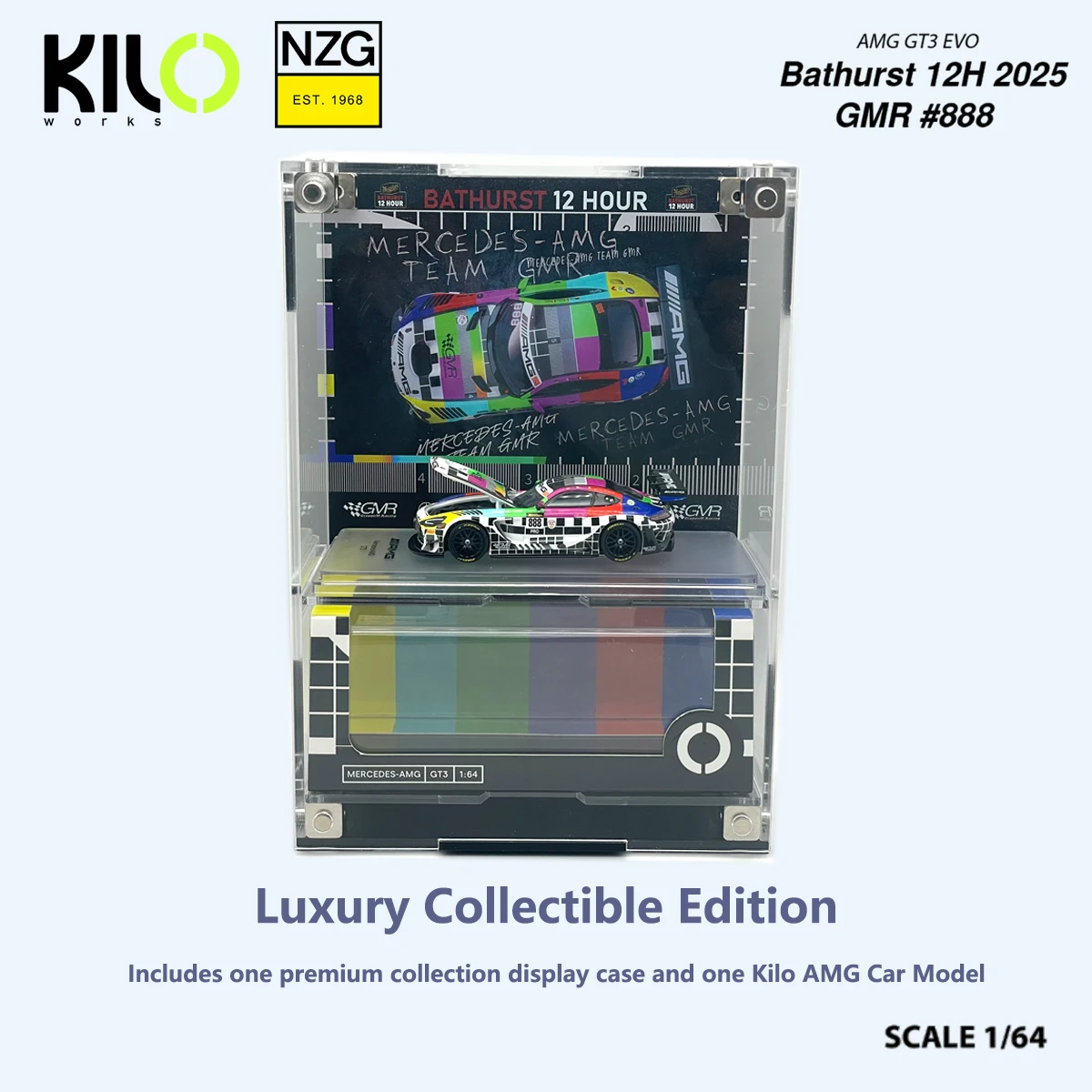 Kilo × NZG 1:64 Mercedes-AMG GT3 EVO Bathurst 12H 2025 GMR #888 Rainbow Livery Luxury Acrylic Display Edition Diecast Race Car
Kilo × NZG 1:64 Mercedes-AMG GT3 EVO Bathurst 12H 2025 GMR #888 Rainbow Livery Luxury Acrylic Display Edition Diecast Race Car