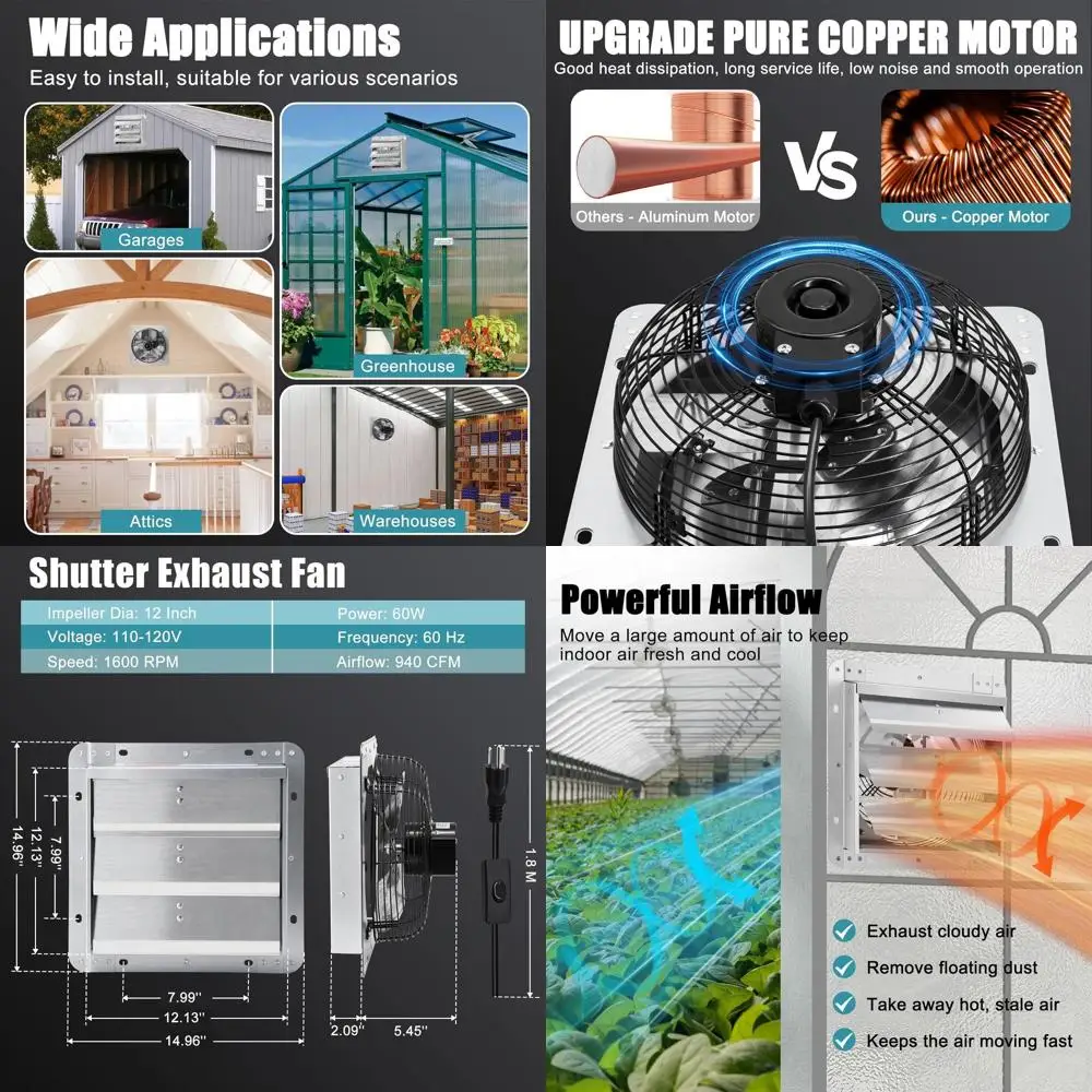 12 Wall-Mounted High-Speed 970cm Exhaust Fan with Speed Controller for Greenhouse, Garage, Shed, Barn, Basement, and Chicken Coo
12 Wall-Mounted High-Speed 970cm Exhaust Fan with Speed Controller for Greenhouse, Garage, Shed, Barn, Basement, and Chicken Coo