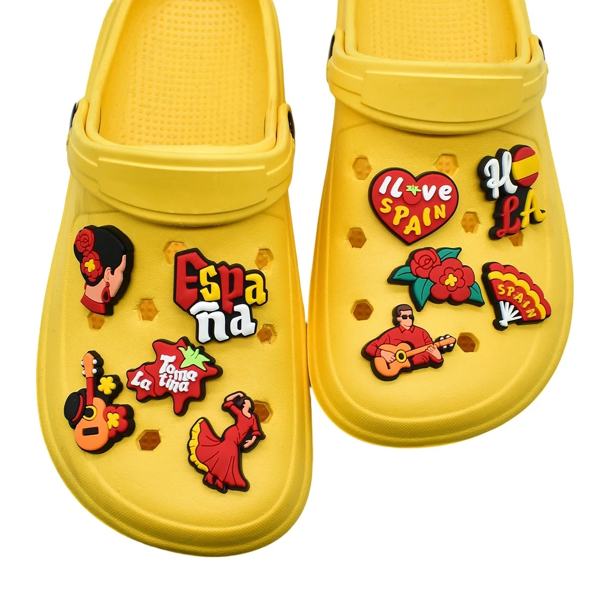 1-27pcs I Love Spain Bull Fight PVC Shoes Charms DIY Adult Sandals Accessories Churro Hola Buckle Ornament For Travel Gifts
1-27pcs I Love Spain Bull Fight PVC Shoes Charms DIY Adult Sandals Accessories Churro Hola Buckle Ornament For Travel Gifts
