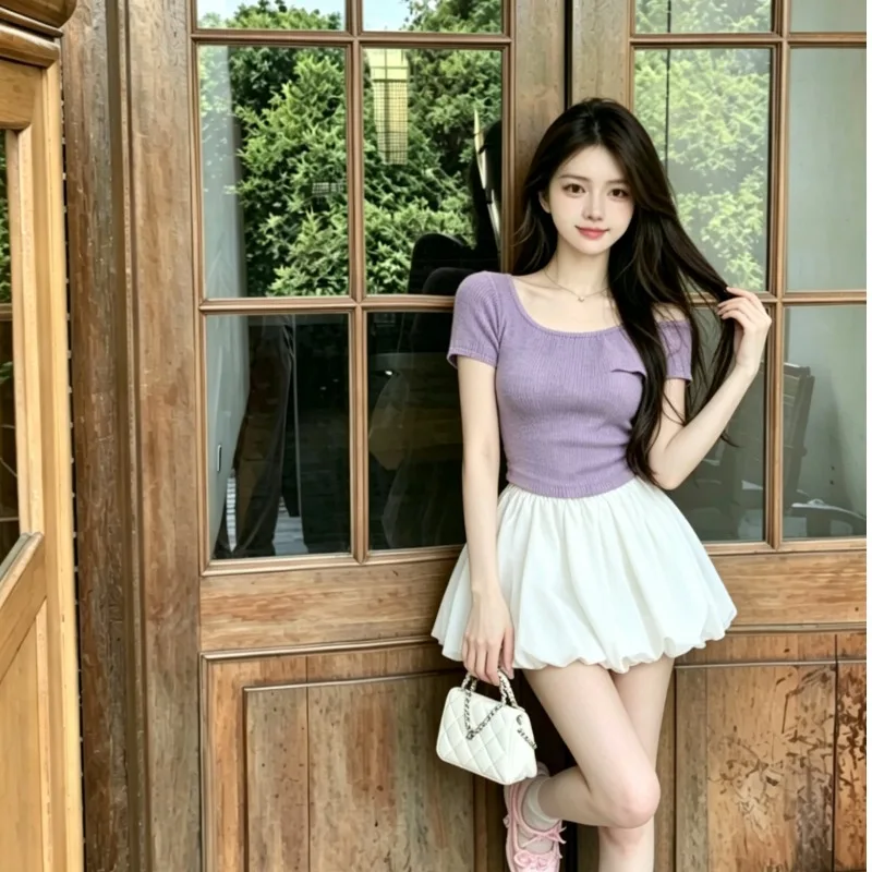 Chic Purple U-Neck Knitted Short Sleeve T-Shirt Skirt Set High Waist Slim Fit Summer Fashion Korean Style Sweet Little Girl
Chic Purple U-Neck Knitted Short Sleeve T-Shirt Skirt Set High Waist Slim Fit Summer Fashion Korean Style Sweet Little Girl