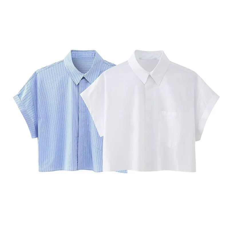 Poplin Lightweight Shirt of Lady With Rolled Collar and Short Sleeves Striped Vintage Top American Retro Solid Color Blouse
Poplin Lightweight Shirt of Lady With Rolled Collar and Short Sleeves Striped Vintage Top American Retro Solid Color Blouse