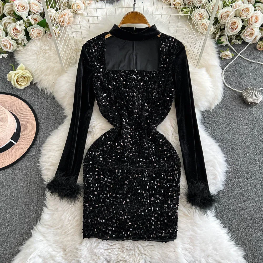 Elegant Long Sleeves Vintage Sexy Square Collar Chic Mesh Glitter Sequin Slim Short Dresses French High Street Autumn Clothing
Elegant Long Sleeves Vintage Sexy Square Collar Chic Mesh Glitter Sequin Slim Short Dresses French High Street Autumn Clothing