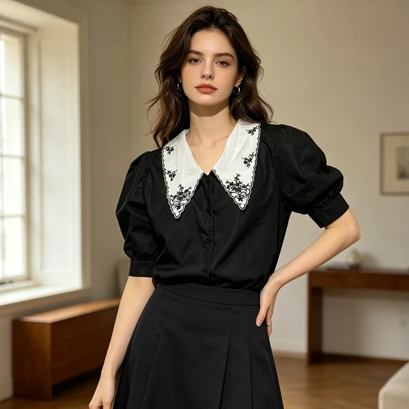 Summer Cute Puff Sleeve Blouse Korean Style Short Sleeve Tops Women's Black Printing on White Collar Blouse Button Down Shirt
Summer Cute Puff Sleeve Blouse Korean Style Short Sleeve Tops Women's Black Printing on White Collar Blouse Button Down Shirt