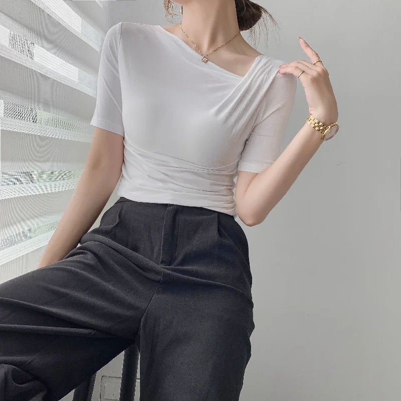 Women Basic Cotton Short Sleeve Slim Elastic T-shirts New Fashion Skew Collar Folds Tops Ladies Elegant Summer Sexy Tee Shirt
Women Basic Cotton Short Sleeve Slim Elastic T-shirts New Fashion Skew Collar Folds Tops Ladies Elegant Summer Sexy Tee Shirt