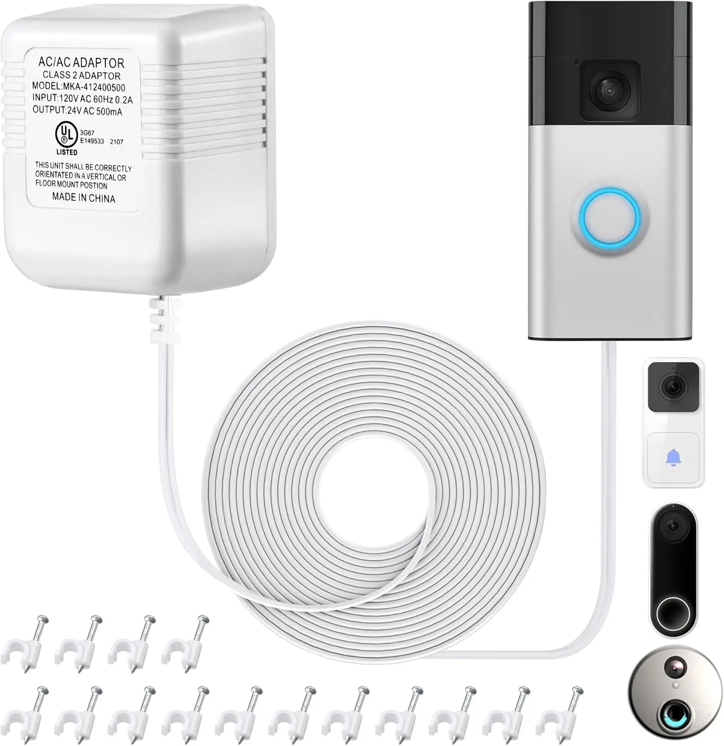 24V Doorbell Transformer Adapter, 22.96ft Long C Wire Adapter Compatible with Ring, Nest Hello, Wyze, Eufy, 500mA Power Supply
24V Doorbell Transformer Adapter, 22.96ft Long C Wire Adapter Compatible with Ring, Nest Hello, Wyze, Eufy, 500mA Power Supply