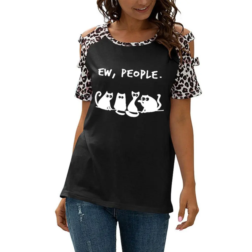 Women's round Neck Short Sleeve T-Shirt Cat Letter Print Hollow out Casual Top for European And American Style 
Women's round Neck Short Sleeve T-Shirt Cat Letter Print Hollow out Casual Top for European And American Style