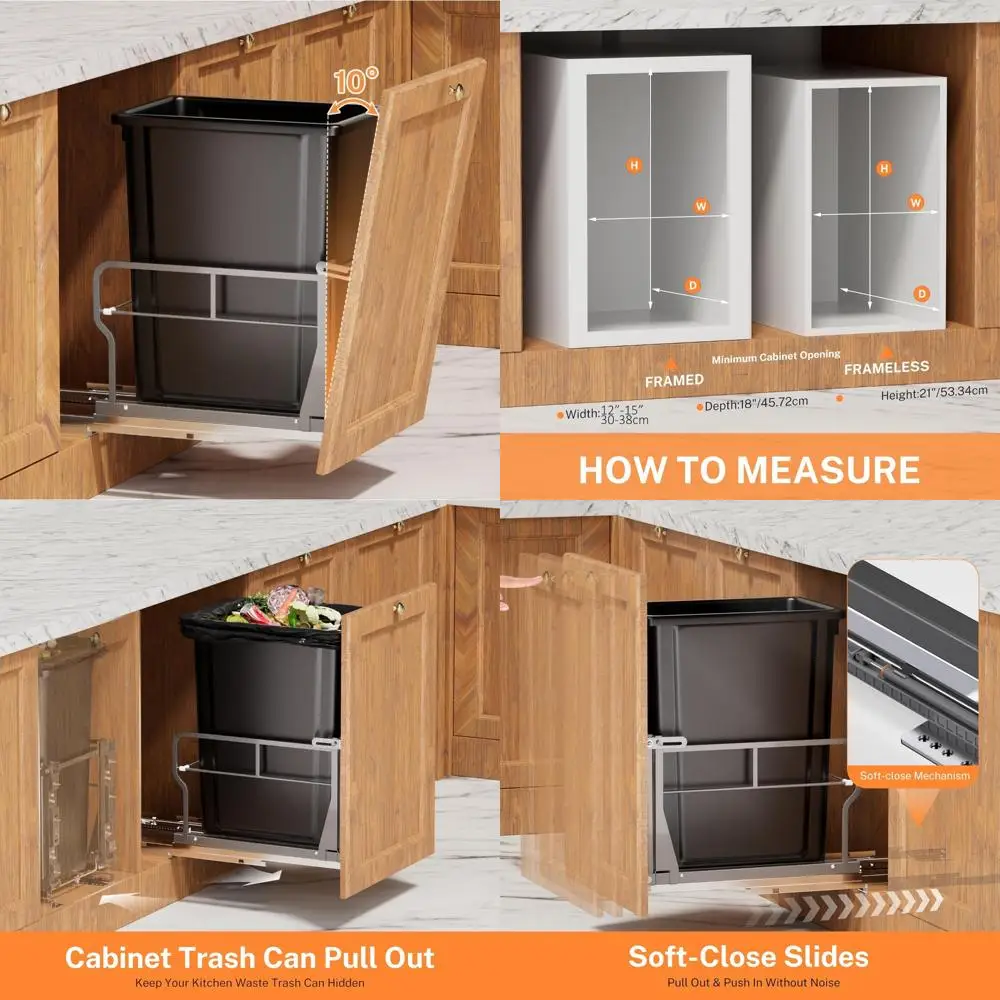 Pull-Out Trash Can 10-Degree Tilt, 40-Quart Bin, Soft-Close Slides, Cabinet Mounted, Under Sink Waste Container
Pull-Out Trash Can 10-Degree Tilt, 40-Quart Bin, Soft-Close Slides, Cabinet Mounted, Under Sink Waste Container