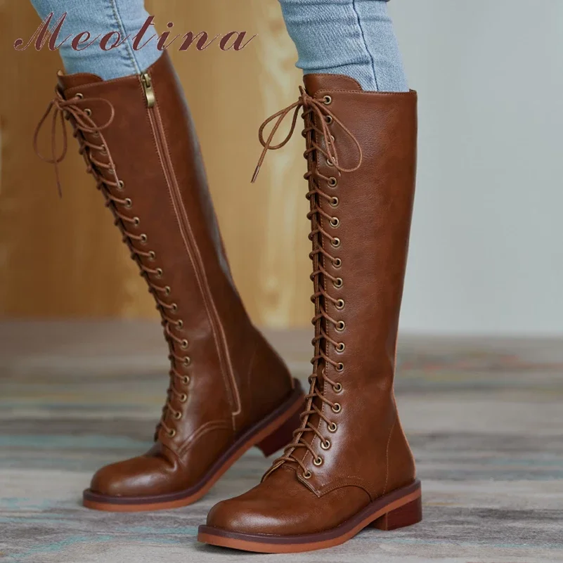 Meotina Women Genuine Leather Knee High Boots Round Toe Flat Zipper Ladies Boot Concise Lace-up Long Booties Autumn Winter Shoes
Meotina Women Genuine Leather Knee High Boots Round Toe Flat Zipper Ladies Boot Concise Lace-up Long Booties Autumn Winter Shoes