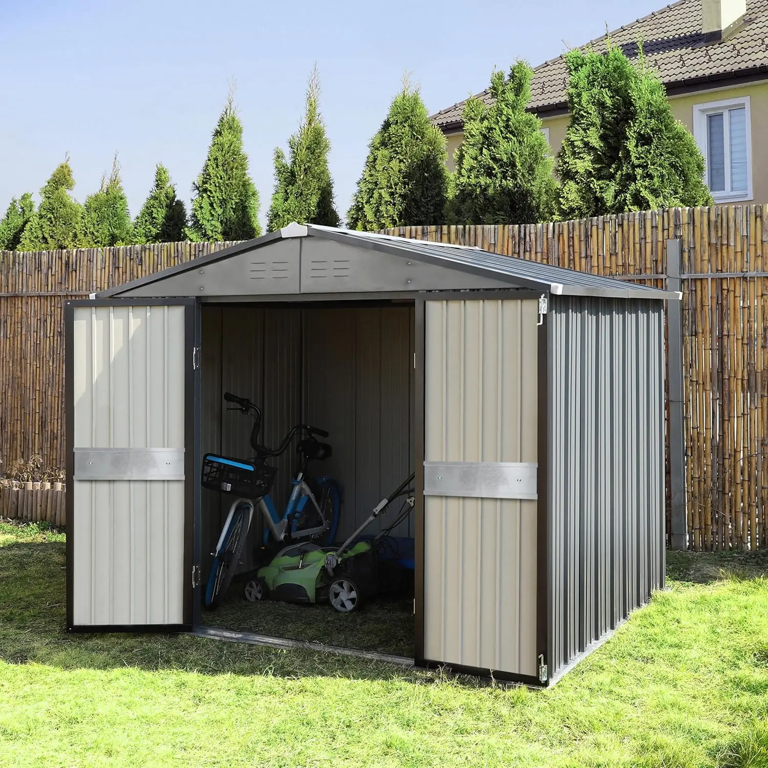 Outdoor Storage Shed with Thickened Galvanized Steel, 8x10FT with Lockable Door & Air Vents, Garden Tool Metal Shed
Outdoor Storage Shed with Thickened Galvanized Steel, 8x10FT with Lockable Door & Air Vents, Garden Tool Metal Shed
