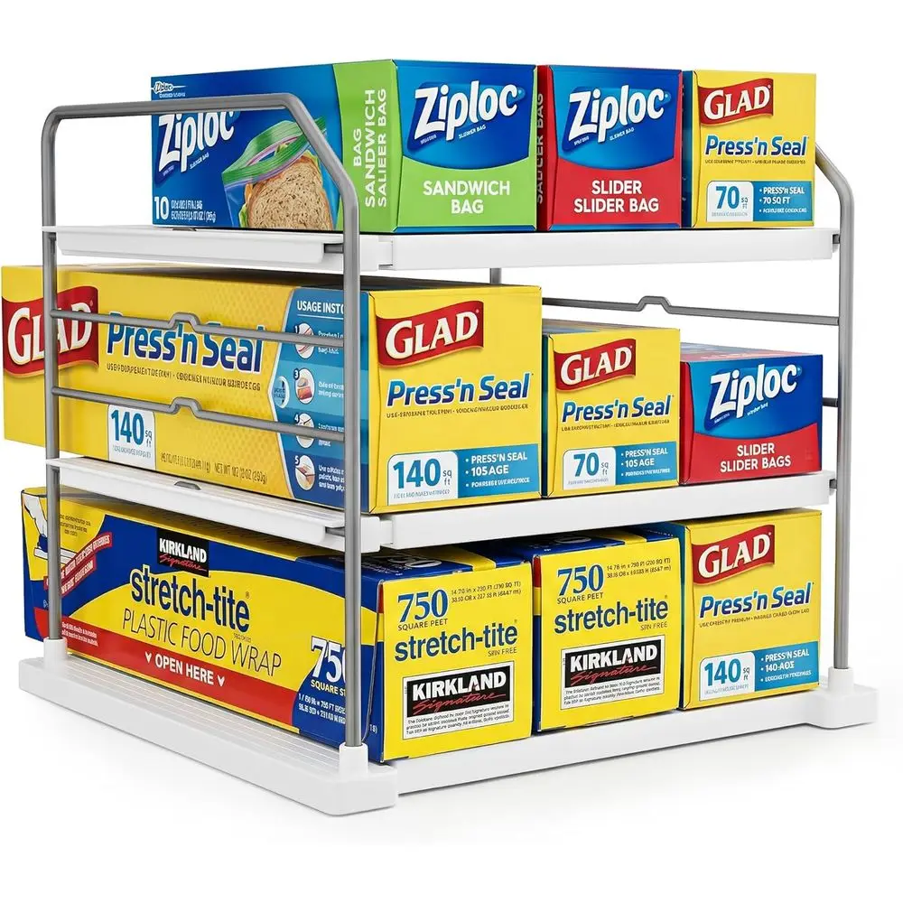 Exble 3-Tier Kitchen Cabinet & Pantry Organizer, Plastic Wrap, Oil & Storage Bags, Adjustable Heavy Duty Shel Rack or Wrap Boxes
Exble 3-Tier Kitchen Cabinet & Pantry Organizer, Plastic Wrap, Oil & Storage Bags, Adjustable Heavy Duty Shel Rack or Wrap Boxes