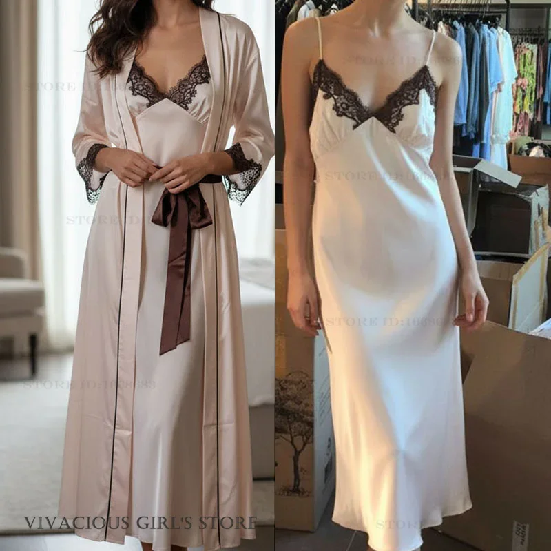 Elegant Silk Satin Wedding Long Robe Nightgown 2Pcs Set Sexy Lace Trim Lingerie Chemise Sleepwear Spring Summer New Homewear
Elegant Silk Satin Wedding Long Robe Nightgown 2Pcs Set Sexy Lace Trim Lingerie Chemise Sleepwear Spring Summer New Homewear
