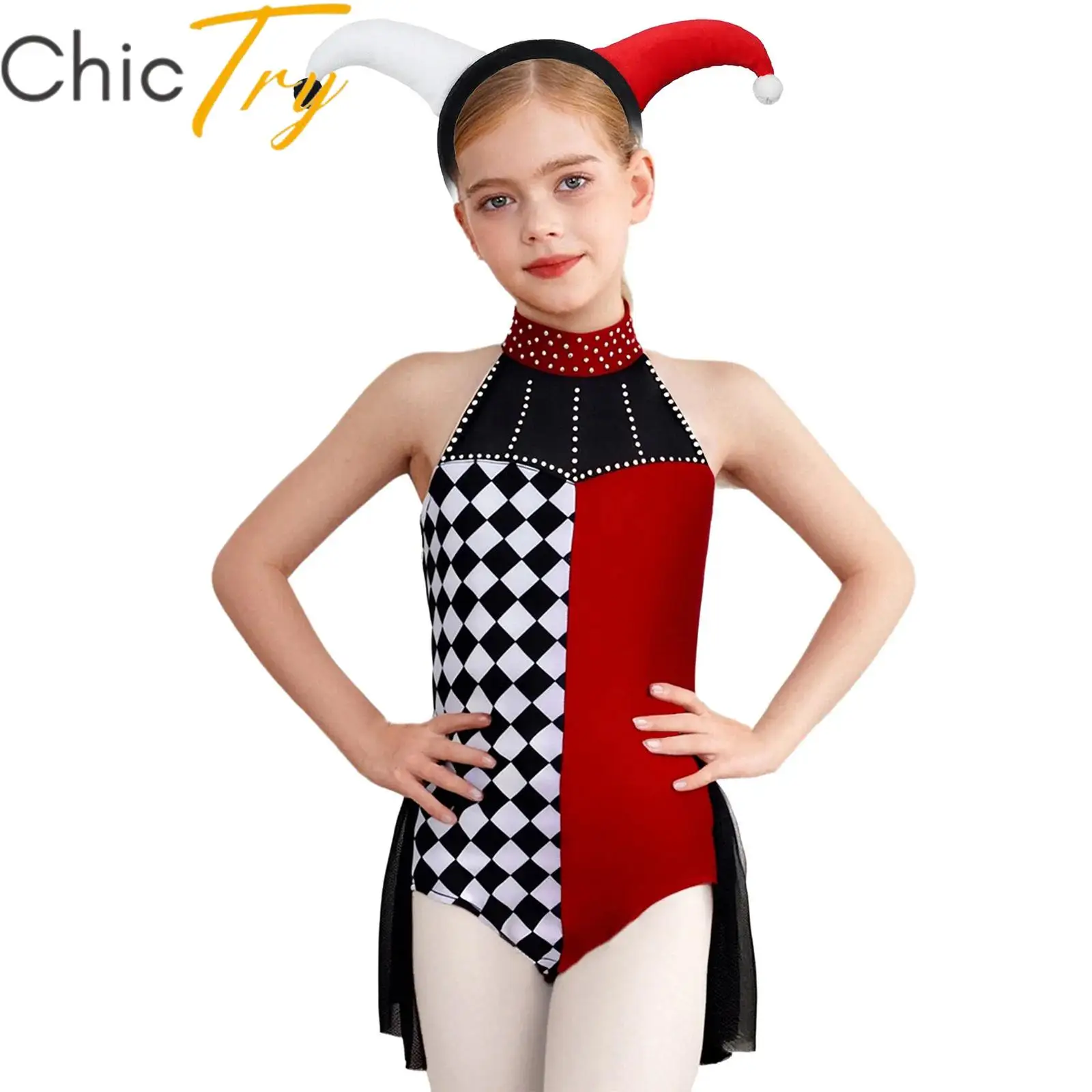 Kids Girls Clown Costume Halloween Cosplay Leotard Color Block Rhinestone Halter Sleeveless Backless Jumpsuit and Headwear Sets
Kids Girls Clown Costume Halloween Cosplay Leotard Color Block Rhinestone Halter Sleeveless Backless Jumpsuit and Headwear Sets
