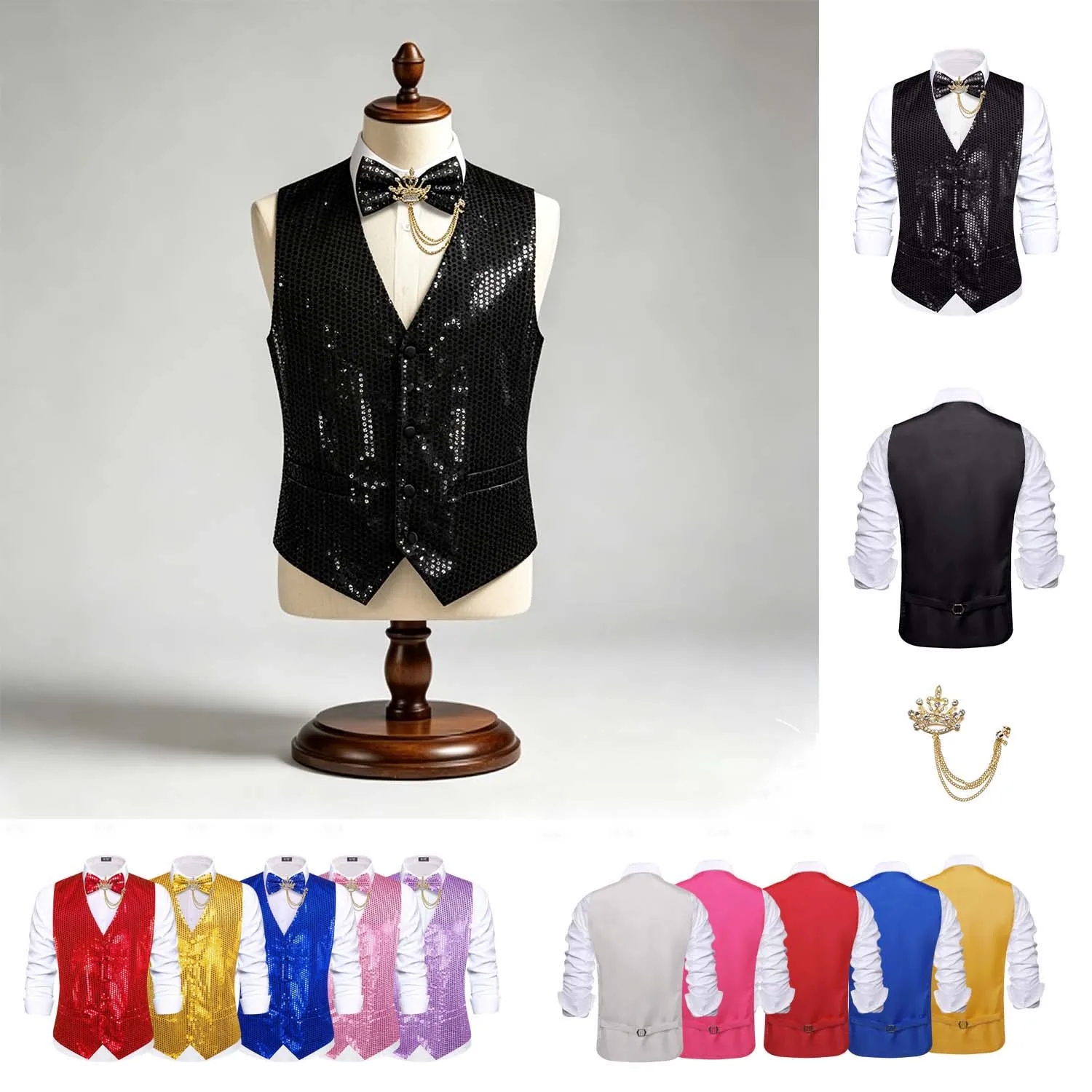 Sparkling Sequined Vest 3-Piece Set with Bow Tie & Brooch, Shiny Waistcoat for Stage, Party, Wedding, Carnival and Formal Events
Sparkling Sequined Vest 3-Piece Set with Bow Tie & Brooch, Shiny Waistcoat for Stage, Party, Wedding, Carnival and Formal Events