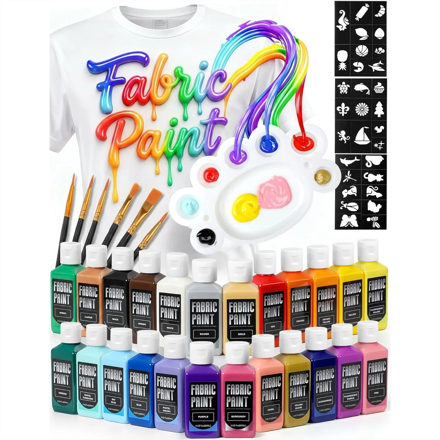 Fabric Paint Set with 24 Colors, 60ml/2oz Each, Permanent & Washable for Clothes, DIY Projects, Includes Brushes & Stencils
Fabric Paint Set with 24 Colors, 60ml/2oz Each, Permanent & Washable for Clothes, DIY Projects, Includes Brushes & Stencils