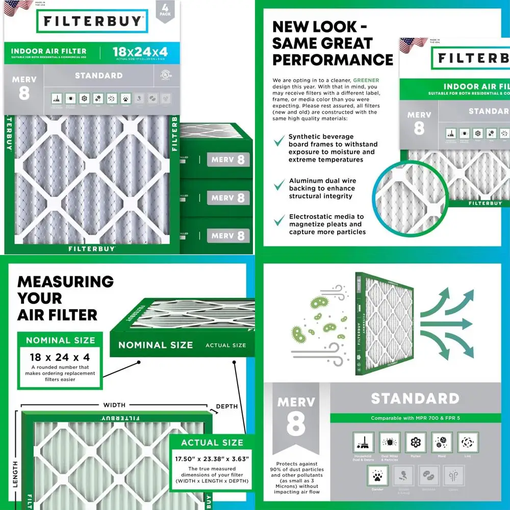 Air Filters 18x24x4 MERV 8 (MPR 700) Dust Defense Replacement 4-Pack, Pleated HVAC AC Furnace Filters for Improved Air Quality
Air Filters 18x24x4 MERV 8 (MPR 700) Dust Defense Replacement 4-Pack, Pleated HVAC AC Furnace Filters for Improved Air Quality
