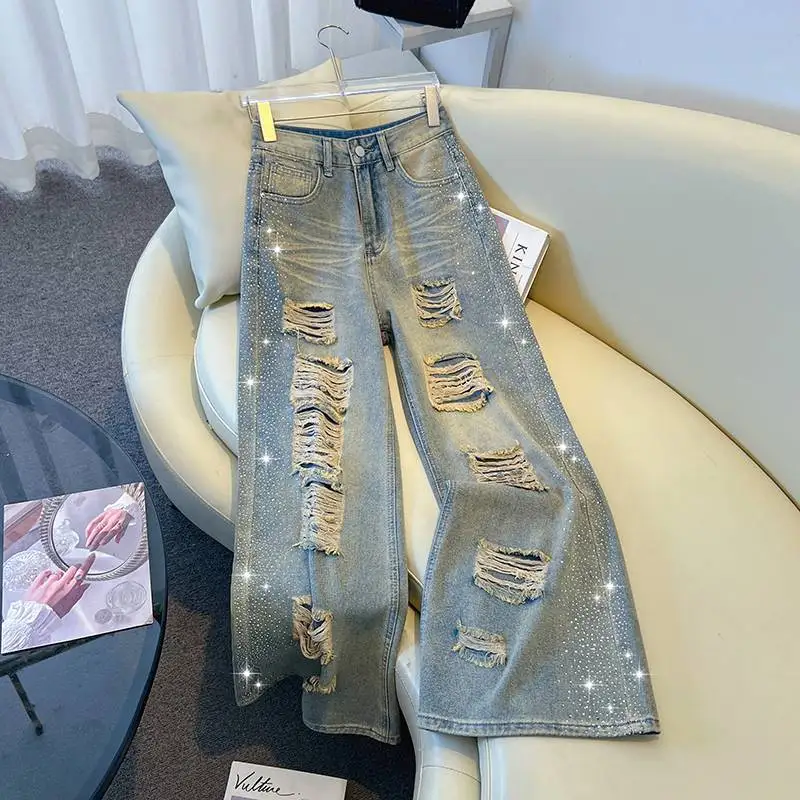 Trendy Shiny Rhinestone Ripped Hole Denim Pants Women American Style Streetwear Retro High Waist Wide Leg Jeans Loose Trousers
Trendy Shiny Rhinestone Ripped Hole Denim Pants Women American Style Streetwear Retro High Waist Wide Leg Jeans Loose Trousers