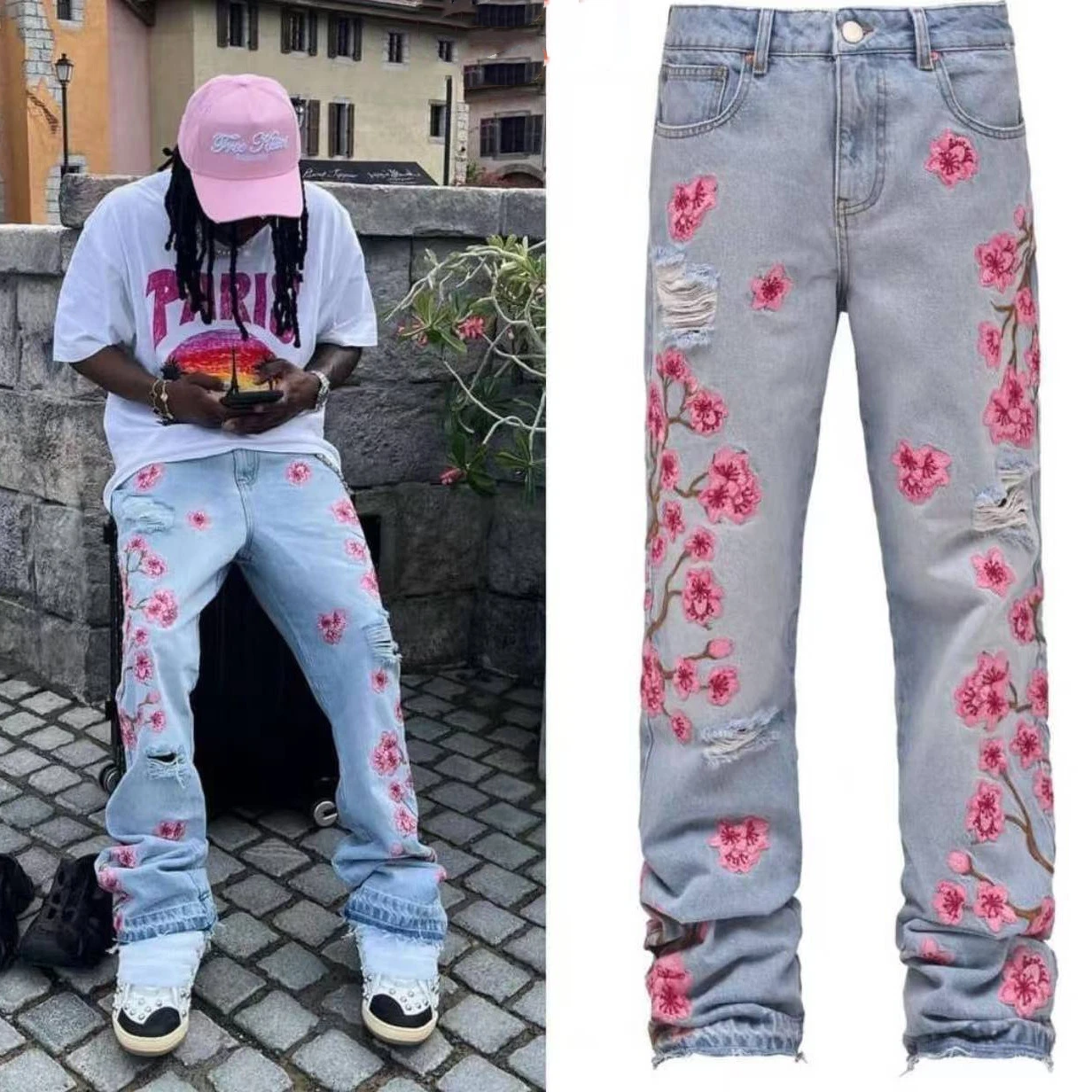 European New Stacked Jeans For Men Ripped Holes Floral Patchworks Denim Pants Male's Fashion Clothes
European New Stacked Jeans For Men Ripped Holes Floral Patchworks Denim Pants Male's Fashion Clothes