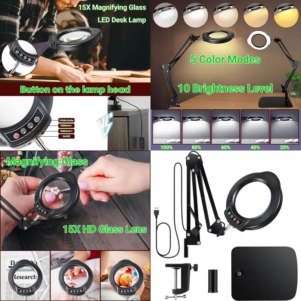 Illuminated 15X Magnifying Glass with Adjustable Brightness, 2-in-1 Clamp Desk Lamp for Hobby, Reading, and Repair Work
Illuminated 15X Magnifying Glass with Adjustable Brightness, 2-in-1 Clamp Desk Lamp for Hobby, Reading, and Repair Work