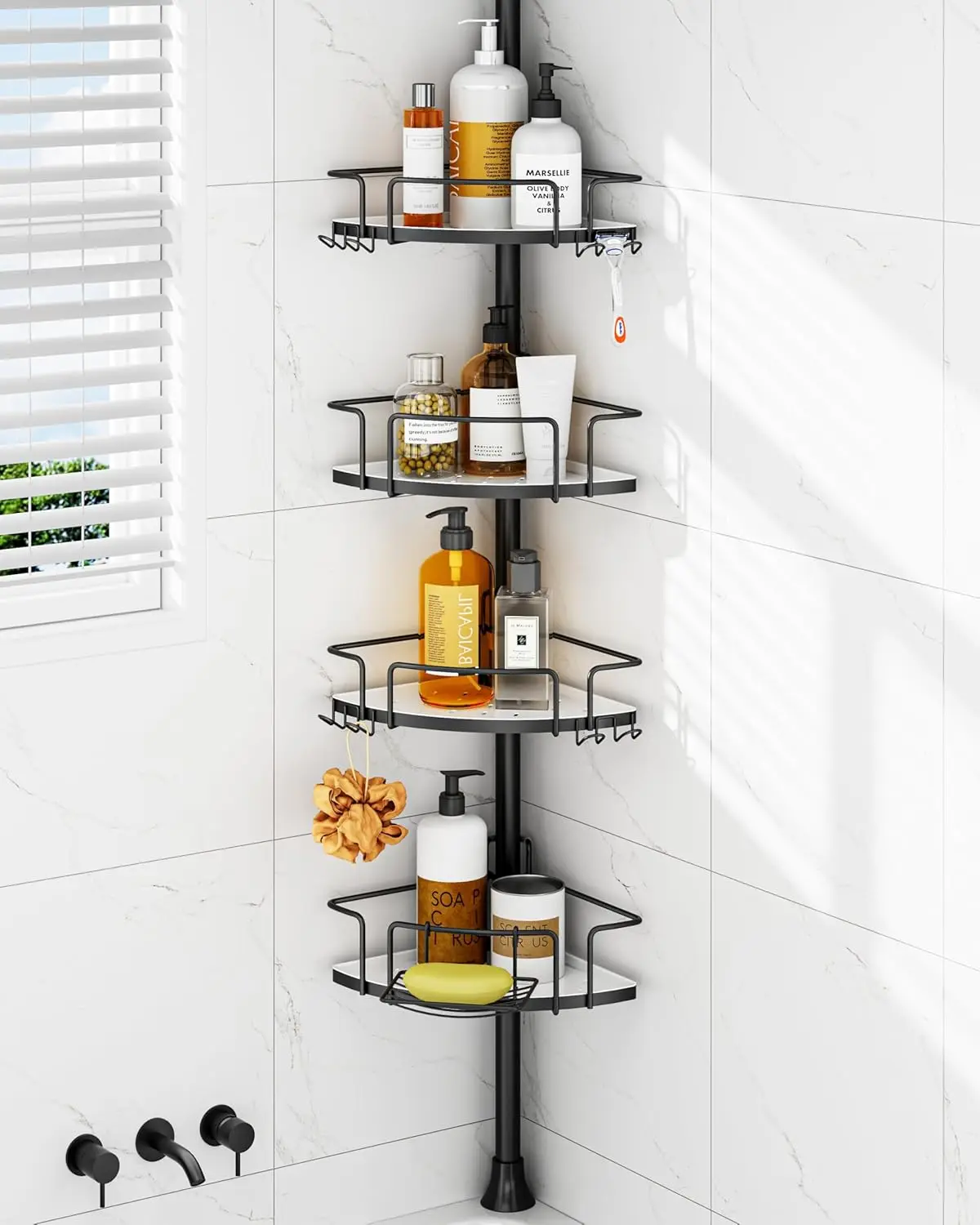 Adjustable Shower Caddy with 4 Baskets, Mixed Shelves for Bottles, 4 Hooks & Soap Holder, Rustproof Steel Fits 34-116 Inch
Adjustable Shower Caddy with 4 Baskets, Mixed Shelves for Bottles, 4 Hooks & Soap Holder, Rustproof Steel Fits 34-116 Inch