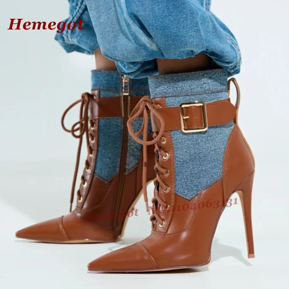 Splicing Lace-Up Ankle Boots Pointy Toe Buckled Stiletto Heels Women's Short Booties 2026 New Winter Spring Patchwork Denim Shoe
Splicing Lace-Up Ankle Boots Pointy Toe Buckled Stiletto Heels Women's Short Booties 2026 New Winter Spring Patchwork Denim Shoe