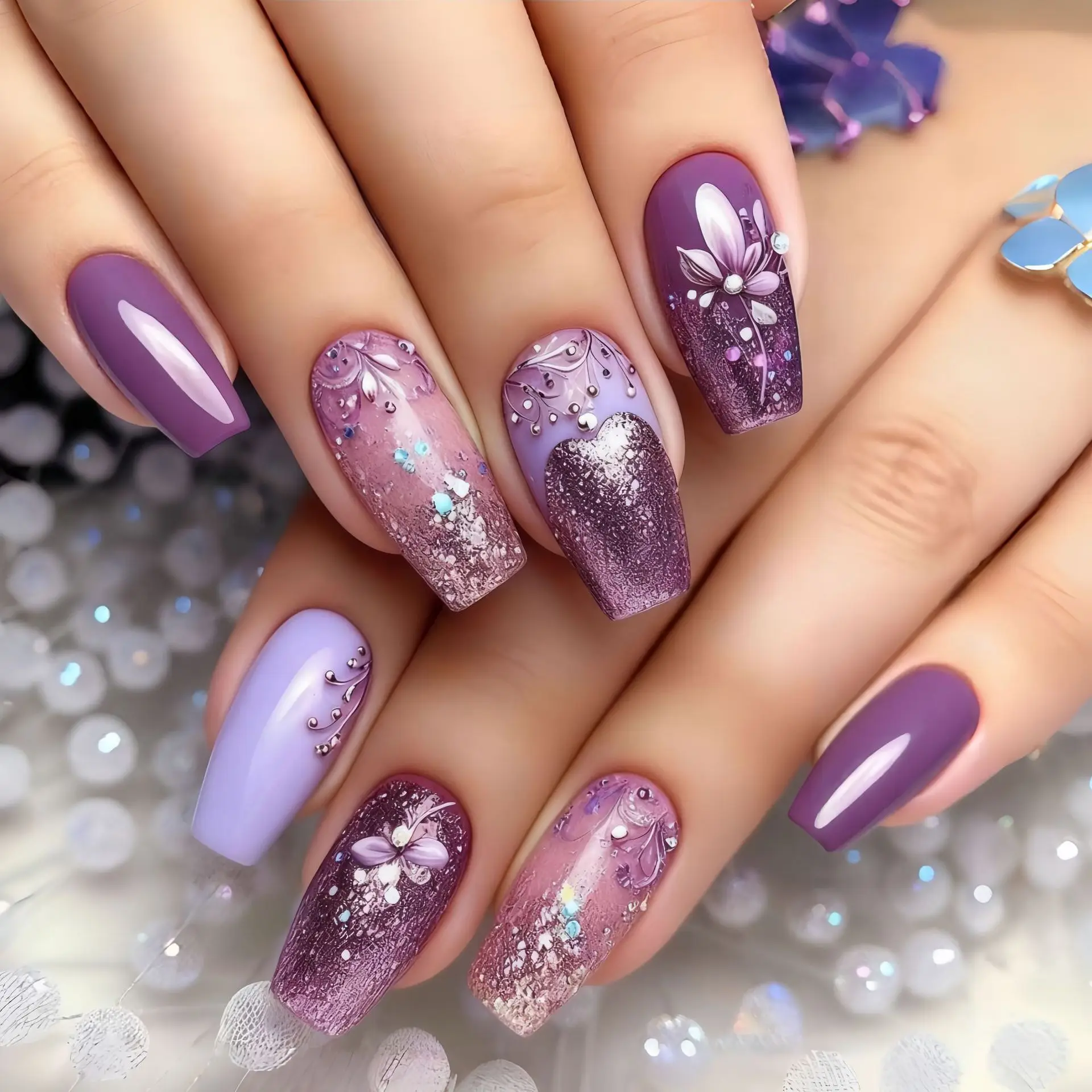 24PCS Purple Glitter Sequin French False Nails with Sweet Flowers Ballet Fake Nails for Women Fashionable Simple Coffin Nail Tip
24PCS Purple Glitter Sequin French False Nails with Sweet Flowers Ballet Fake Nails for Women Fashionable Simple Coffin Nail Tip
