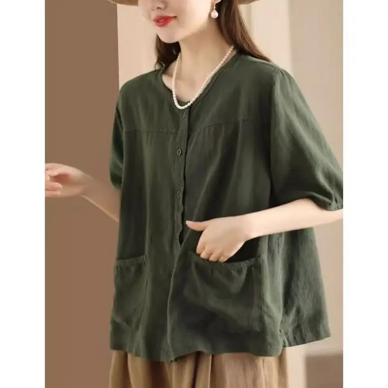 Cotton and Linen Vintage Cotton and Linen Shirt Short-sleeved Cardigan Versatile Slimming Top Elegant Outerwear
Cotton and Linen Vintage Cotton and Linen Shirt Short-sleeved Cardigan Versatile Slimming Top Elegant Outerwear