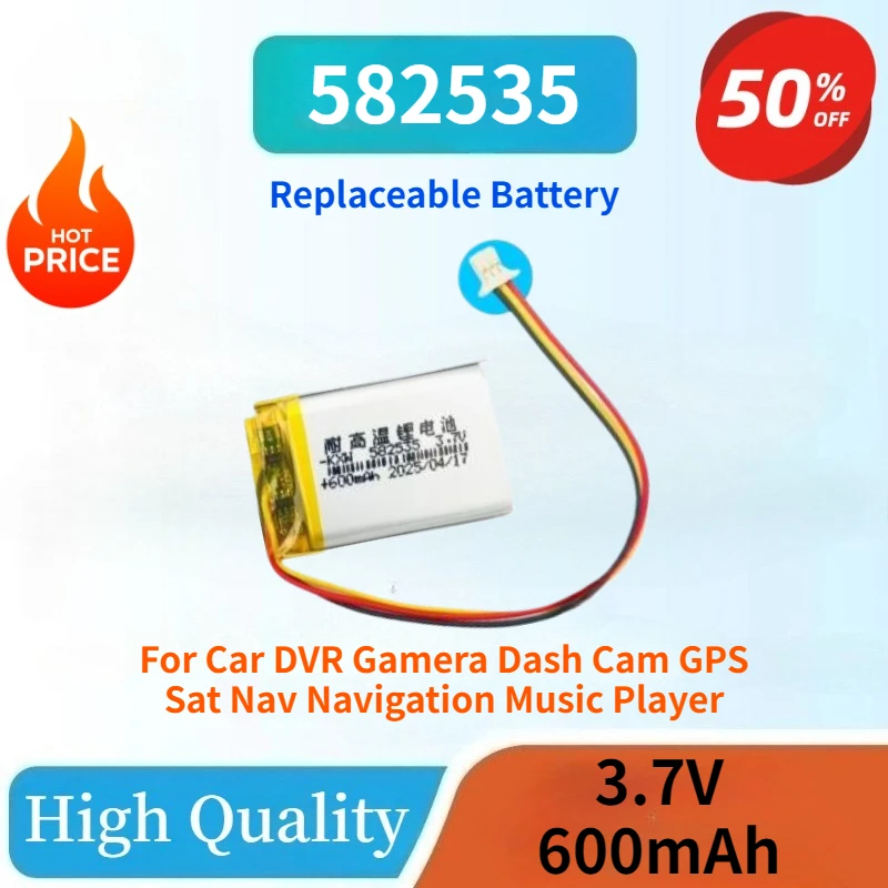 3.7V 600mAh 582535 3Pin Rechargeable Lithium Polymer Battery For Car DVR Gamera Dash Cam GPS Sat Nav Navigation Music Player
3.7V 600mAh 582535 3Pin Rechargeable Lithium Polymer Battery For Car DVR Gamera Dash Cam GPS Sat Nav Navigation Music Player
