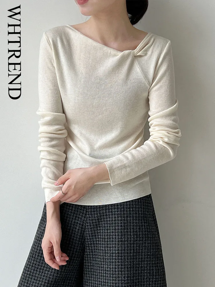 WHTREND Корейский стиль Уникальная шерстяная витая нишевая трикотажная футболка нестандартного дизайна Осенний топ с длинными рукавами WH1731 
WHTREND Корейский стиль Уникальная шерстяная витая нишевая трикотажная футболка нестандартного дизайна Осенний топ с длинными рукавами WH1731