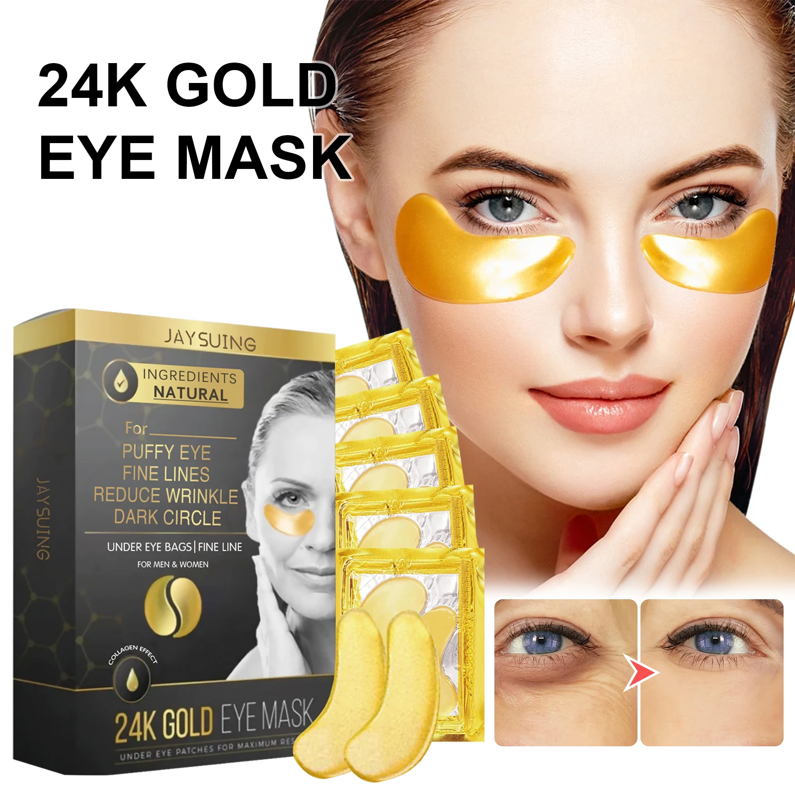 Jaysuing 24k Gold Eye Mask Desalinization of Fine Lines and Dark Circles Hydrating Tight Eye Mask
Jaysuing 24k Gold Eye Mask Desalinization of Fine Lines and Dark Circles Hydrating Tight Eye Mask