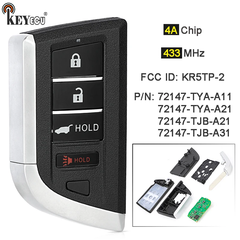 KEYECU 433MHz 4A Chip KR5TP-2 72147-TYA-A11, 72147-TYA-A21, 72147-TJB-A21 -A31 Smart Remote Key Fob for Acura MDX RDX 2022 2023
KEYECU 433MHz 4A Chip KR5TP-2 72147-TYA-A11, 72147-TYA-A21, 72147-TJB-A21 -A31 Smart Remote Key Fob for Acura MDX RDX 2022 2023