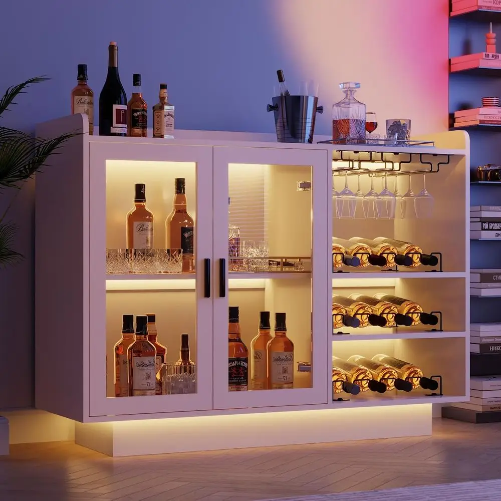 Шкаф для винного бара со светодиодной подсветкой, 47 современный белый шкаф для спиртных напитков для дома с большим пространством для хранения, винными стеллажами и стеклянным держателем
Шкаф для винного бара со светодиодной подсветкой, 47 современный белый шкаф для спиртных напитков для дома с большим пространством для хранения, винными стеллажами и стеклянным держателем