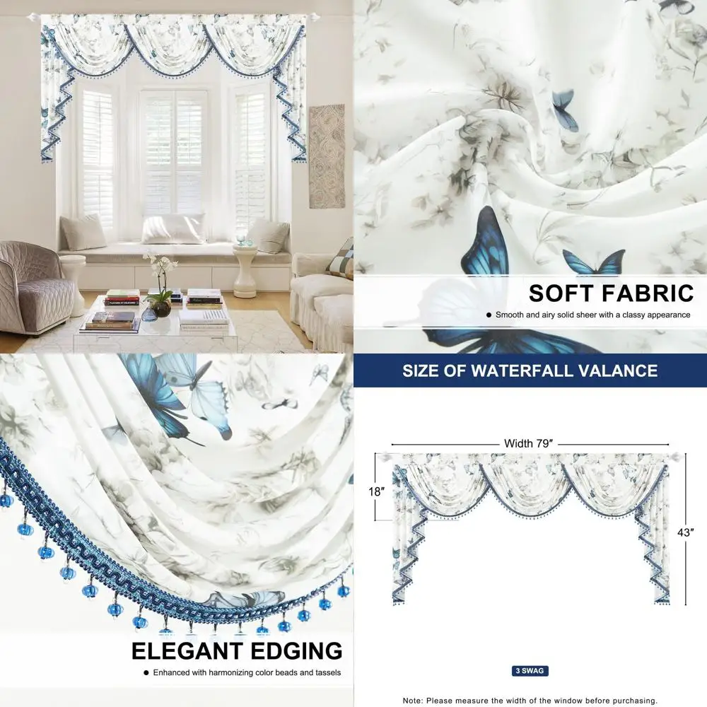 Wide Sheer Butterfly Print Valance Curtains with Beaded Tassels, 79 x 43
Wide Sheer Butterfly Print Valance Curtains with Beaded Tassels, 79 x 43