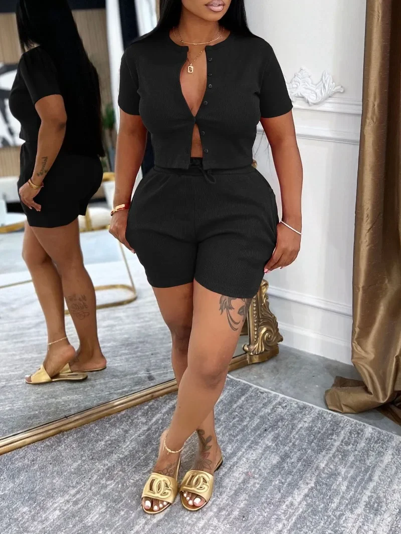 Women Solid Tracksuits Ribbed 2 Piece Set O-neck Short Sleeve Single Breasted Shirts Crop Tops + Shorts Casual Streetwear Suits
Women Solid Tracksuits Ribbed 2 Piece Set O-neck Short Sleeve Single Breasted Shirts Crop Tops + Shorts Casual Streetwear Suits