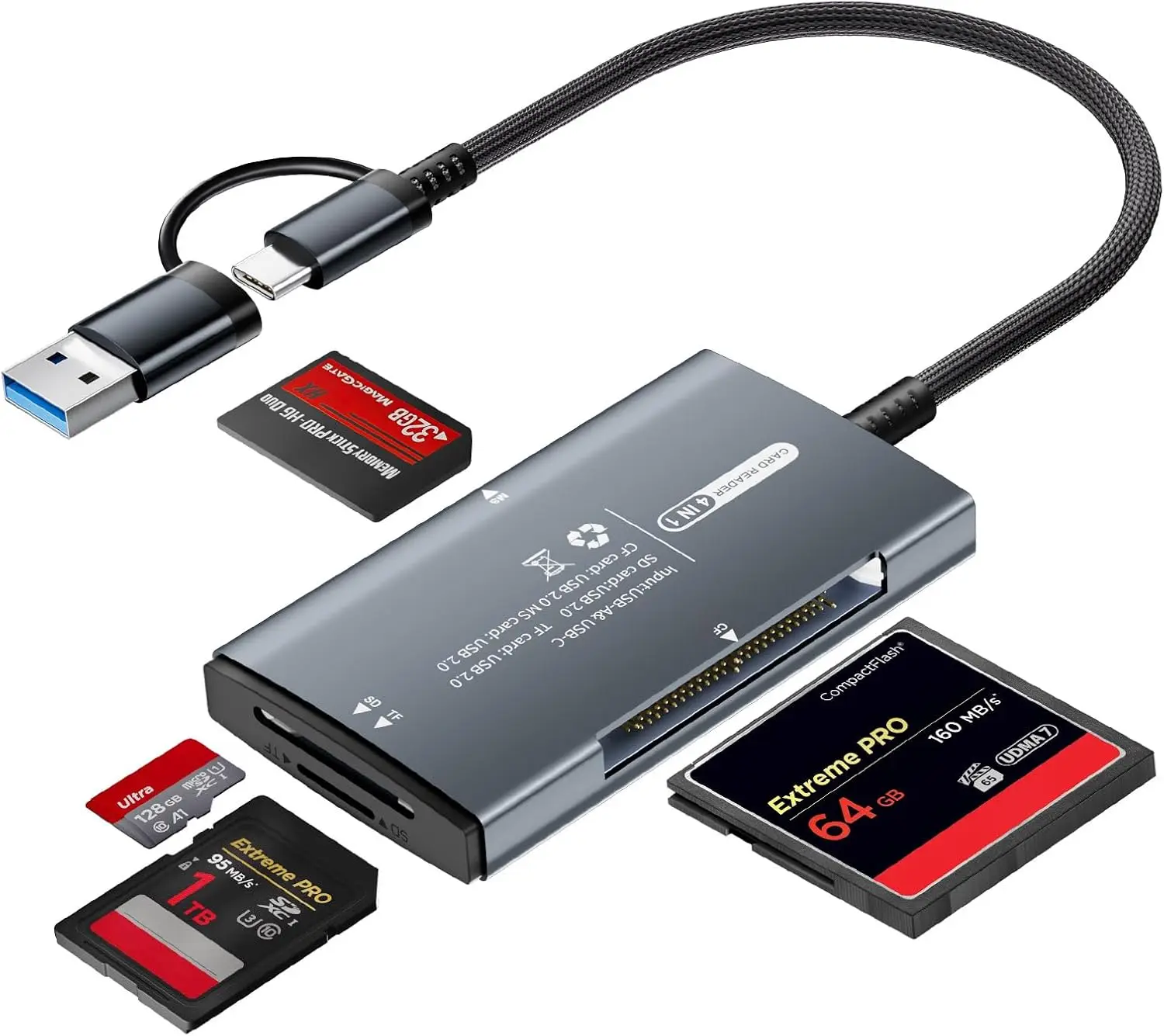 USB C & USB A SD Card Reader 4 in 1 SD/TF/CF/MS Memory Card Adapter for iPhone Android PC Mac
USB C & USB A SD Card Reader 4 in 1 SD/TF/CF/MS Memory Card Adapter for iPhone Android PC Mac