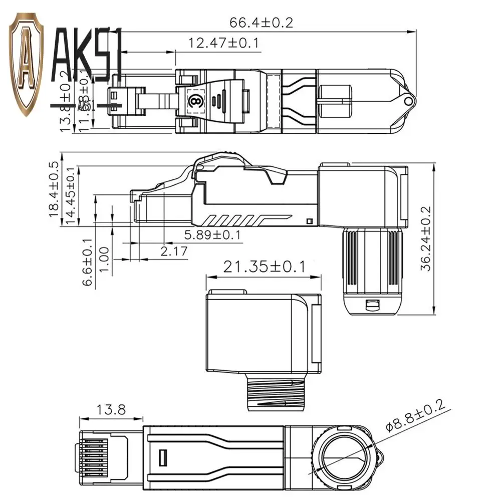 AK51-RJ45 Full Shielded Zinc-Alloy Field Plug 90 Degree Angled CAT8 STP Field Termination Connector Toolless Type
AK51-RJ45 Full Shielded Zinc-Alloy Field Plug 90 Degree Angled CAT8 STP Field Termination Connector Toolless Type