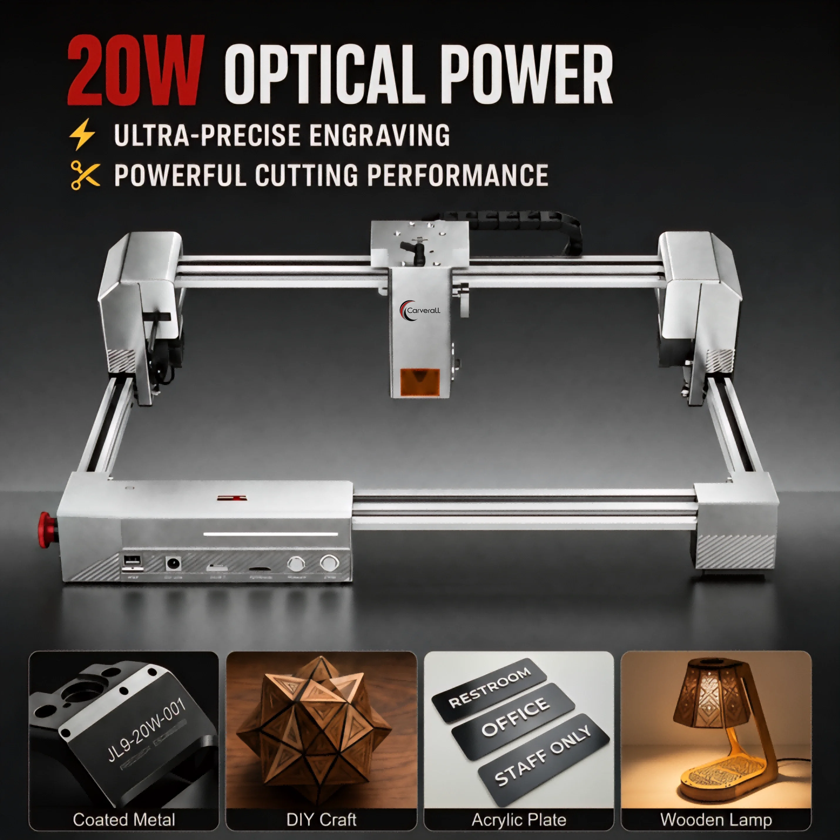 Carverall JL9 20W Laser Engraver Cutter, 300x300mm Area, Air Assist, Risers, for DIY Metal Wood Acrylic Leather Small Business
Carverall JL9 20W Laser Engraver Cutter, 300x300mm Area, Air Assist, Risers, for DIY Metal Wood Acrylic Leather Small Business