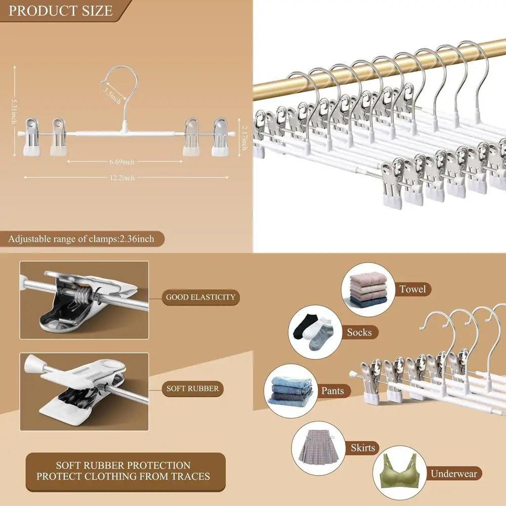 Регулируемые металлические вешалки для брюк с зажимами, нескользящие, экономящие место, для юбок, брюк, шорт, джинсов — 12 дюймов
Регулируемые металлические вешалки для брюк с зажимами, нескользящие, экономящие место, для юбок, брюк, шорт, джинсов — 12 дюймов