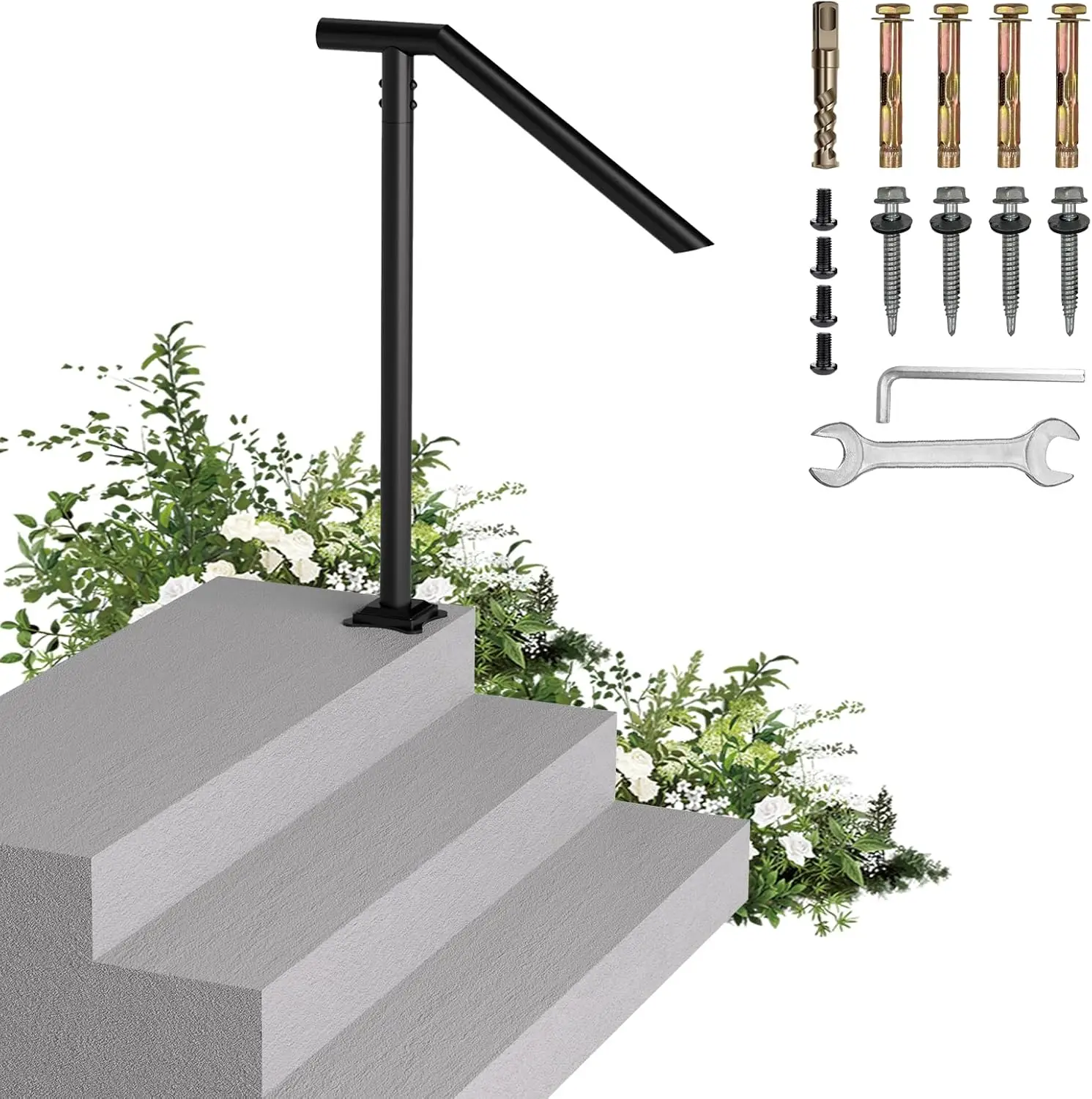 Single Post Wrought Iron Handrail for 1-3 Outdoor Steps, DIY Kit Included, 37" Height for Concrete or Wood Stairs
Single Post Wrought Iron Handrail for 1-3 Outdoor Steps, DIY Kit Included, 37" Height for Concrete or Wood Stairs