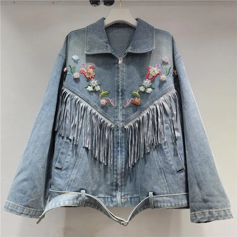 Vintage Embroidery Beaded Flowers Fringed Patchwork Blue Denim Coat With Sashes Lapel Long Sleeve Autumn Female Jeans Jackets
Vintage Embroidery Beaded Flowers Fringed Patchwork Blue Denim Coat With Sashes Lapel Long Sleeve Autumn Female Jeans Jackets