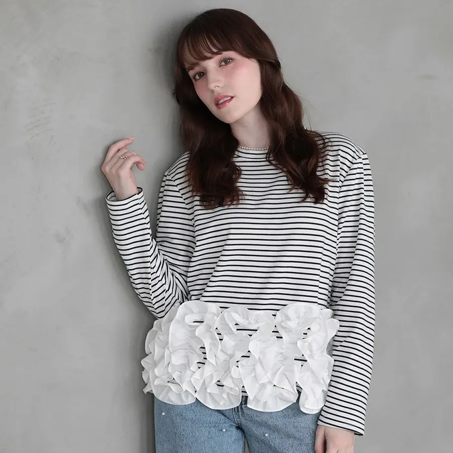 Spring New Style Chic Heavy Work 3D Lace round Neck Striped Elastic Long Sleeve T-Shirt Women's Top Korean Style Casual Wear
Spring New Style Chic Heavy Work 3D Lace round Neck Striped Elastic Long Sleeve T-Shirt Women's Top Korean Style Casual Wear