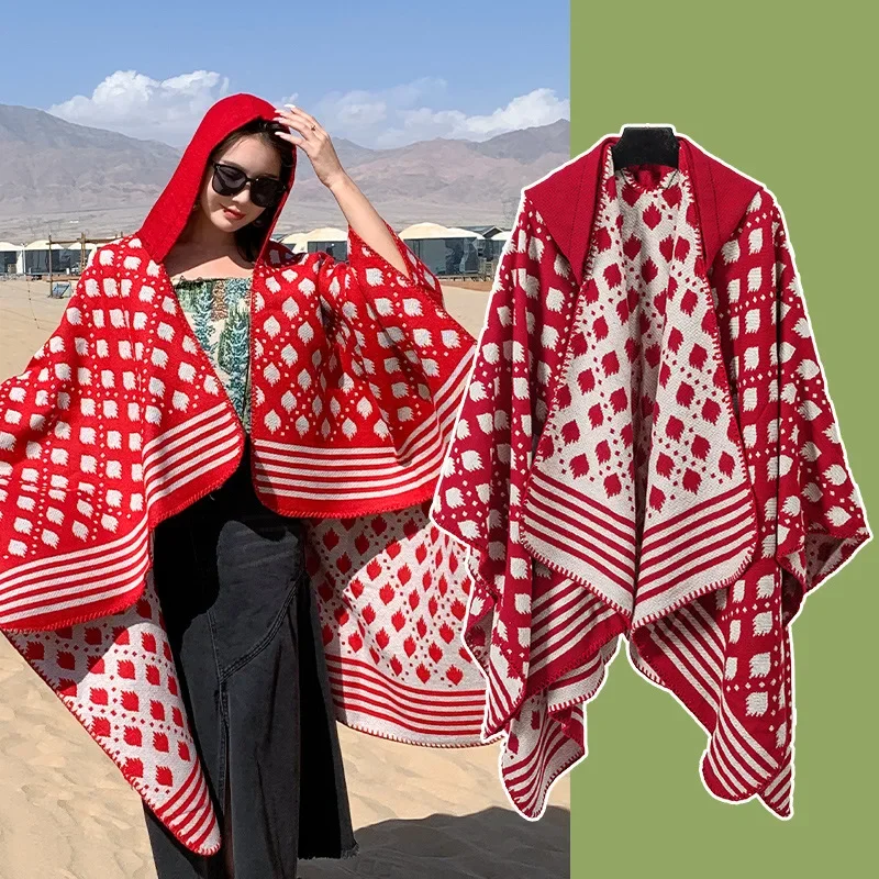 Poncho Imitation Cashmere New Ethnic Style Tourism Cloak Women's Hooded Warmth Thickened Scarf Photo Overlay with Knitted Shawl
Poncho Imitation Cashmere New Ethnic Style Tourism Cloak Women's Hooded Warmth Thickened Scarf Photo Overlay with Knitted Shawl