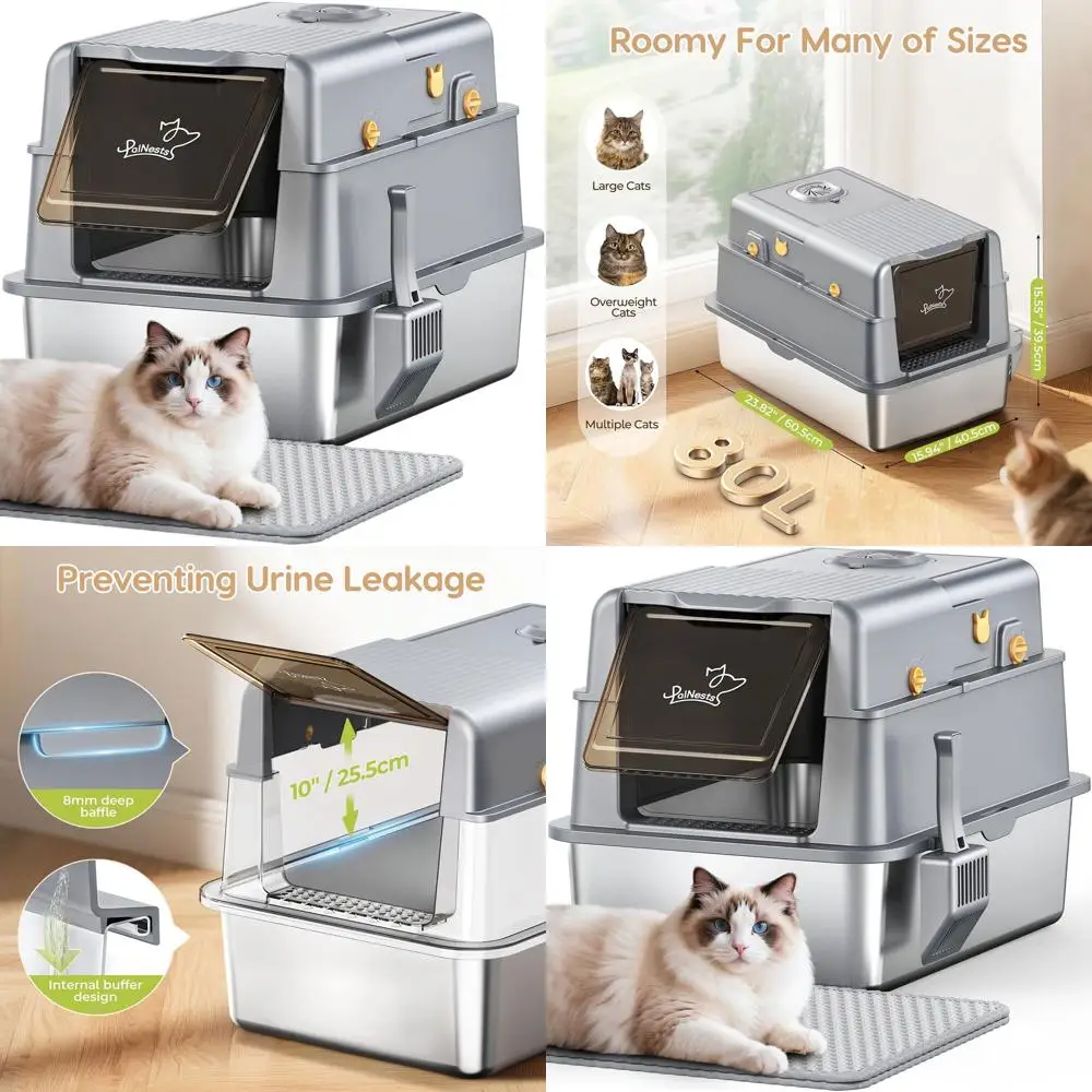 Очень большой закрытый металлический лоток для кошек с крышкой, защита от запаха, высокие бортики, совок и коврик в комплекте, защита от протекания - серый
Очень большой закрытый металлический лоток для кошек с крышкой, защита от запаха, высокие бортики, совок и коврик в комплекте, защита от протекания - серый