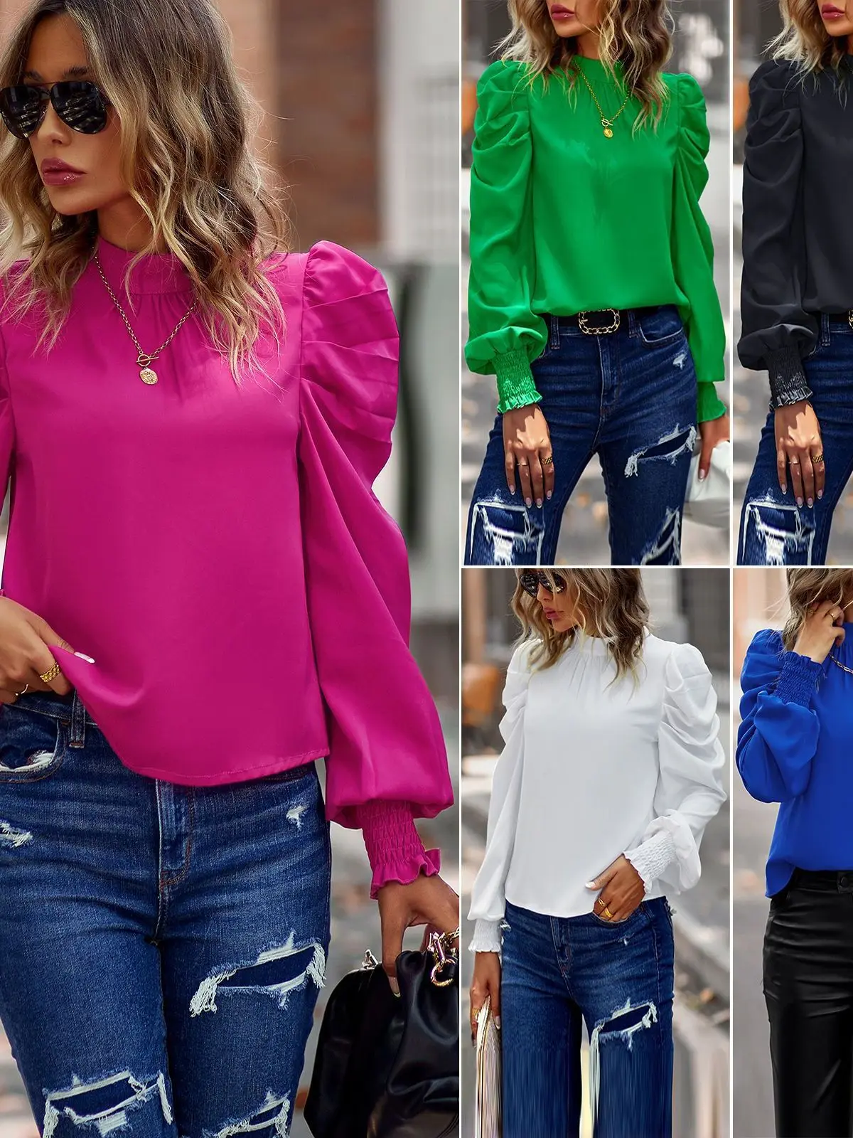 Casual Bubble Sleeve Shirt Women's Sweet Style Polyester Fiber Pure Color Casual Top Fashionable Gathered Waist Design
Casual Bubble Sleeve Shirt Women's Sweet Style Polyester Fiber Pure Color Casual Top Fashionable Gathered Waist Design