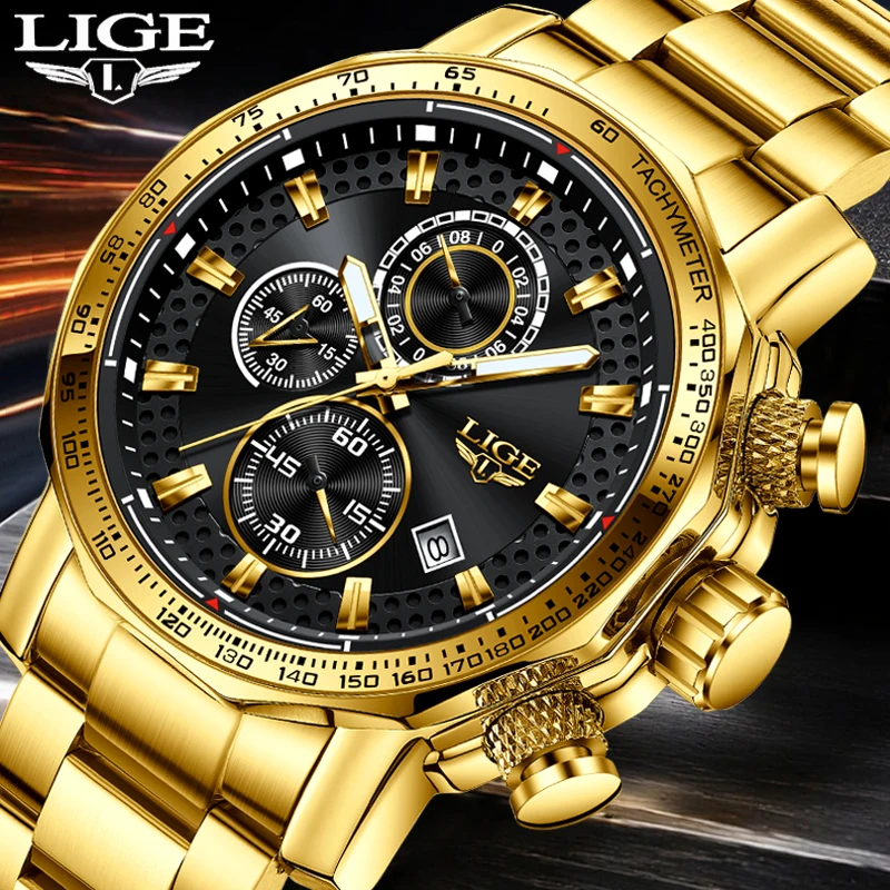 LIGE New Fashion Gold Big Dial Watch Men Casual Sports Chronograph Luminous Wristwatch Clock Waterproof Men's Quartz Watches
LIGE New Fashion Gold Big Dial Watch Men Casual Sports Chronograph Luminous Wristwatch Clock Waterproof Men's Quartz Watches