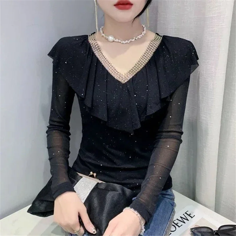 Spring Autumn Women Sexy See Through Mesh V Neck Ruffle Sequins T Shirt Elegant Fashion Slim Ladies Solid Long Sleeve TopsZT340
Spring Autumn Women Sexy See Through Mesh V Neck Ruffle Sequins T Shirt Elegant Fashion Slim Ladies Solid Long Sleeve TopsZT340
